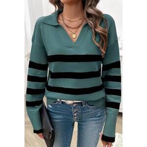 NEW SUPREME FASHION v-neck drop shoulder strip knit loose sweater in green